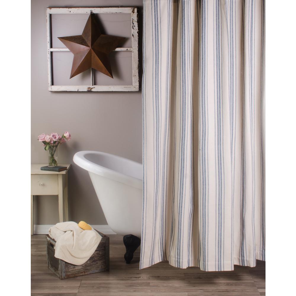 Cream-Colonial Blue Grain Sack Stripe Shower Curtain - Interiors by Elizabeth